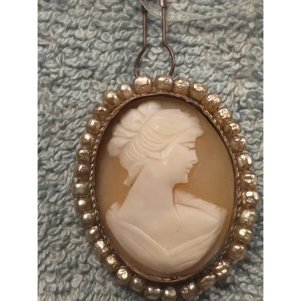 Vintage Italian Carved Shell Cameo Brooch Pendant 800 Silver Beaded Frame Pin